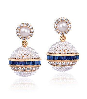 Pearl, Diamond and Blue sapphire earrings
